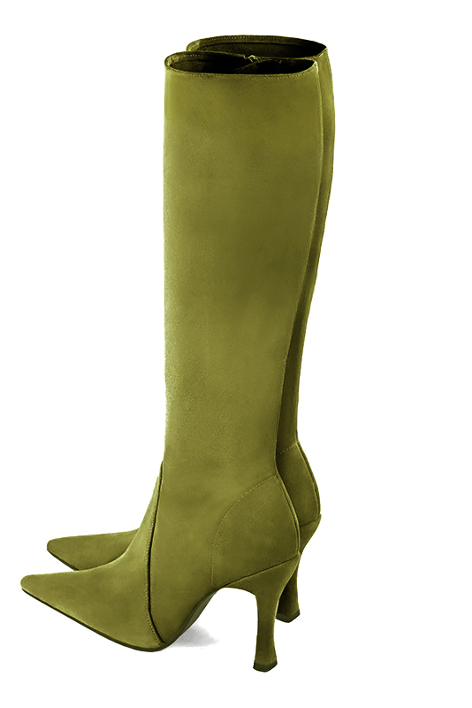 Pistachio green women's feminine knee-high boots. Pointed toe. Very high spool heels. Made to measure. Rear view - Florence KOOIJMAN